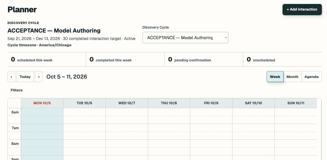 Demo Planner showing the active Discovery Cycle, Add interaction, research counts, Week/Month/Agenda controls, and an empty weekly calendar.